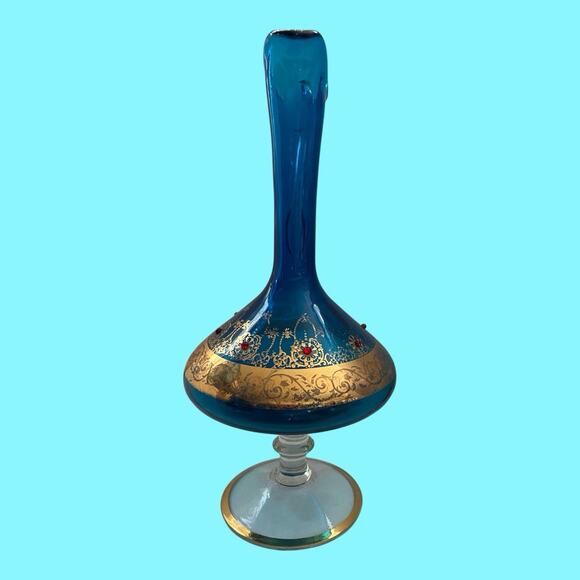 VTG Italian Venetian Murano Aqua Blue Glass Gold Gilt Red Jewels Ewer Decanter - Picture 6 of 16